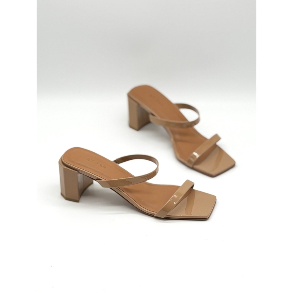 BY FAR Sandals Women 36 Nude Patent Leather Block Heel Square Toe Strappy